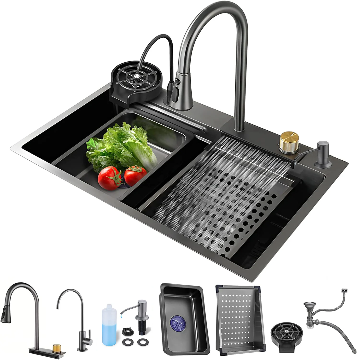 HONGPIN Black Friday Hot Deals Wide Mouth Waterfall Concealed Basin Faucets Stainless Steel Kitchen Sinks