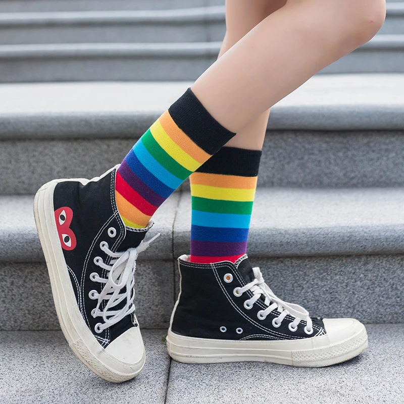 7 Pairs Rainbow Striped Women Socks Cute Elasticity Sweat School Girl Mid Tube Sock Casual Retro Breathable Harajuku Sport Socks