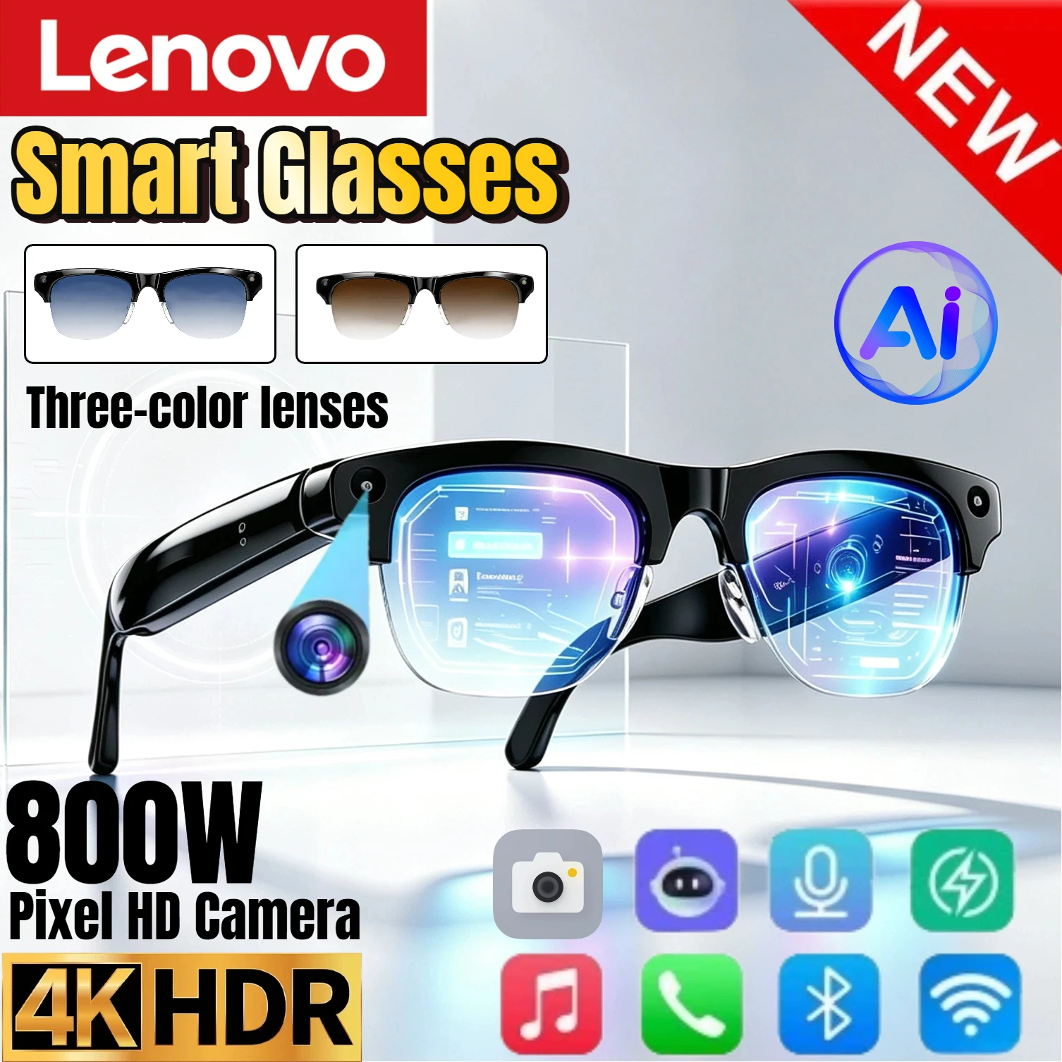 Smart Glasses Lens - Occhiali Intelligenti AI Lenovo Aggiornati 800W
