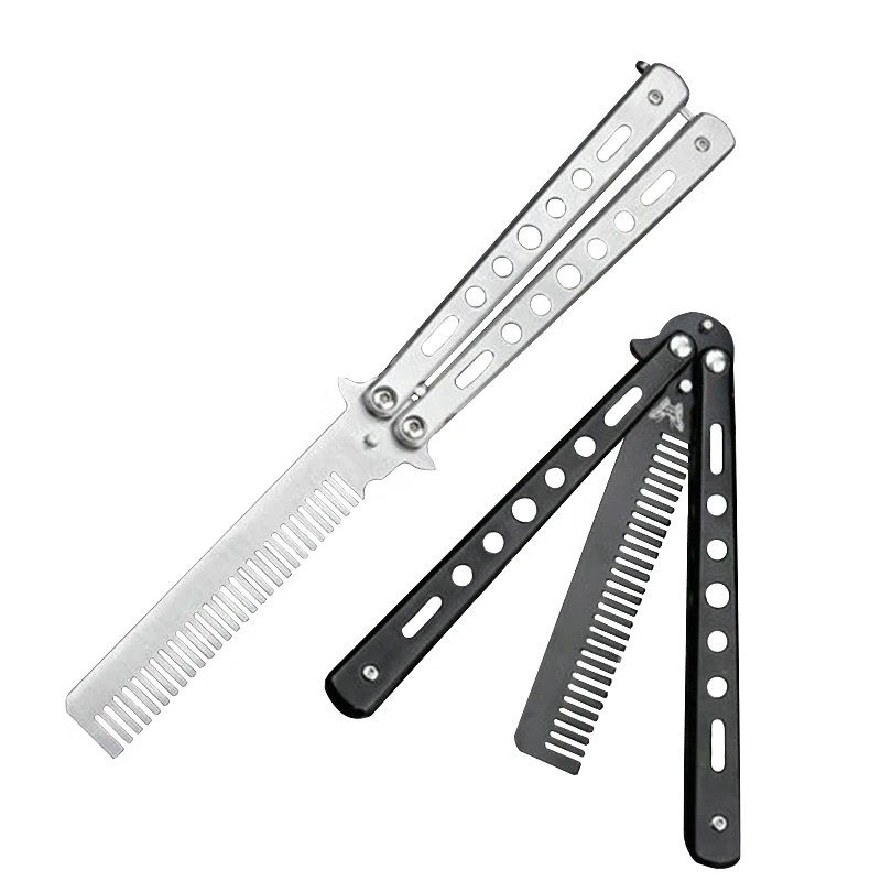 Butterfly Knife Comb Stainless Steel Folding Comb Butterfly Knife Exercise Outdoor Camping Knife Comb Hairdressing Styling Tool