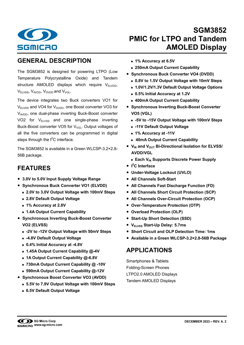 

5 шт./лот SGM3852YG/TR WLCSP-3,2×2,8-56B, Маркировка: 0GI, PMIC для LTPO и тандемного AMOLED-дисплея