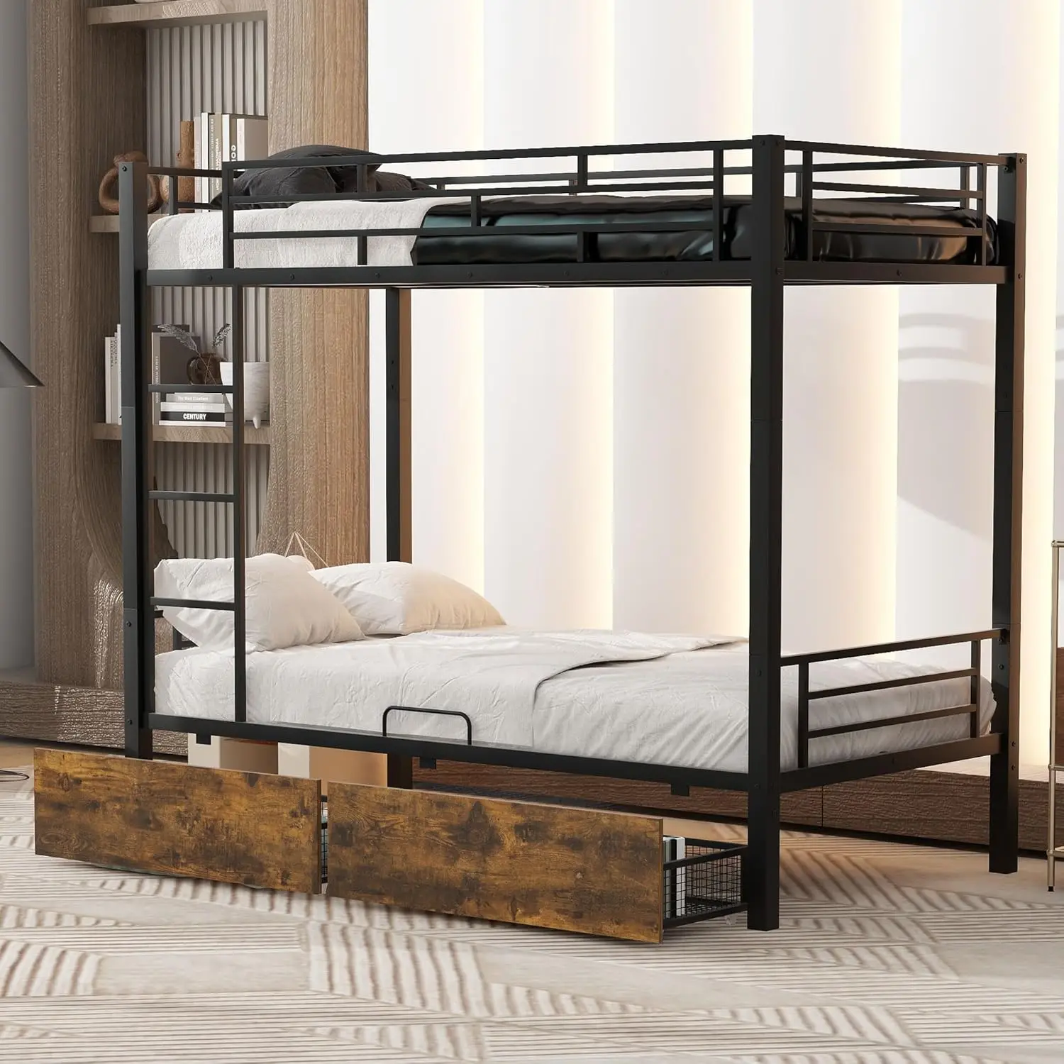 Metal Bunk Bed With Drawers, Twin, Black,Beds, Frames & Bases 77.4 X 38.4 X 67Inch(Lxwxh),119Lbs