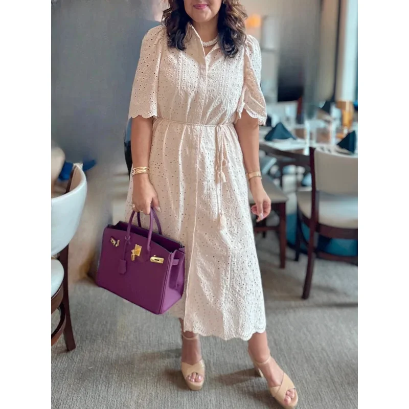 ผู้หญิงRetroฤดูร้อนMidiเสื้อHollowเย็บปักถักร้อยLace-Up Bowknot ElegantหลวมStreetwearเสื้อผ้า