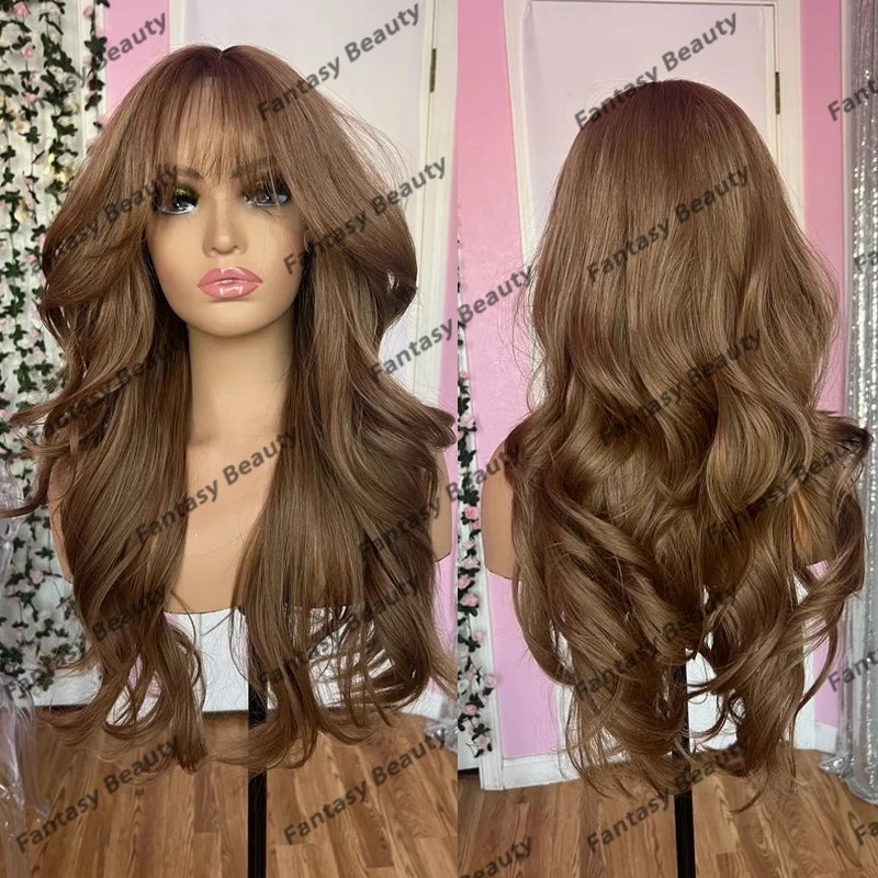 Fringe Long Wavy Golden Brown Human Hair 360 Lace Frontal Wigs with Curtain Bangs Pre Plucked 5x5 Lace Closure Wigs for Women