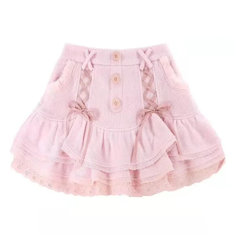 Bandage Ball Gowns Mini Skirts Women Pink Sweet Cute Y2k Clothes Girls Acgn Faldas Knitted High Waist Harajuku Japanese Style