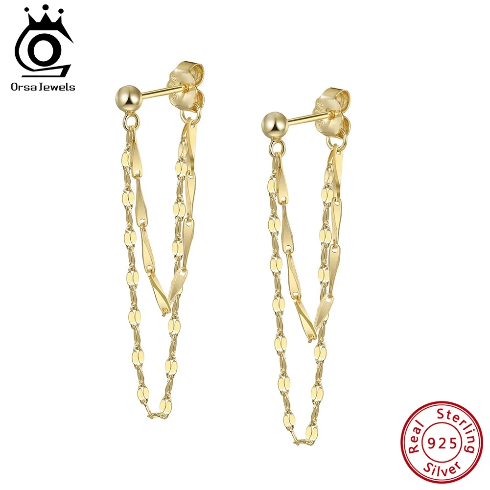 ORSA JEWELS Double Layers Tassel Earrings 925 Sterling Silver Sparkling Chain Earrings for Women Wedding Jewelry APE151