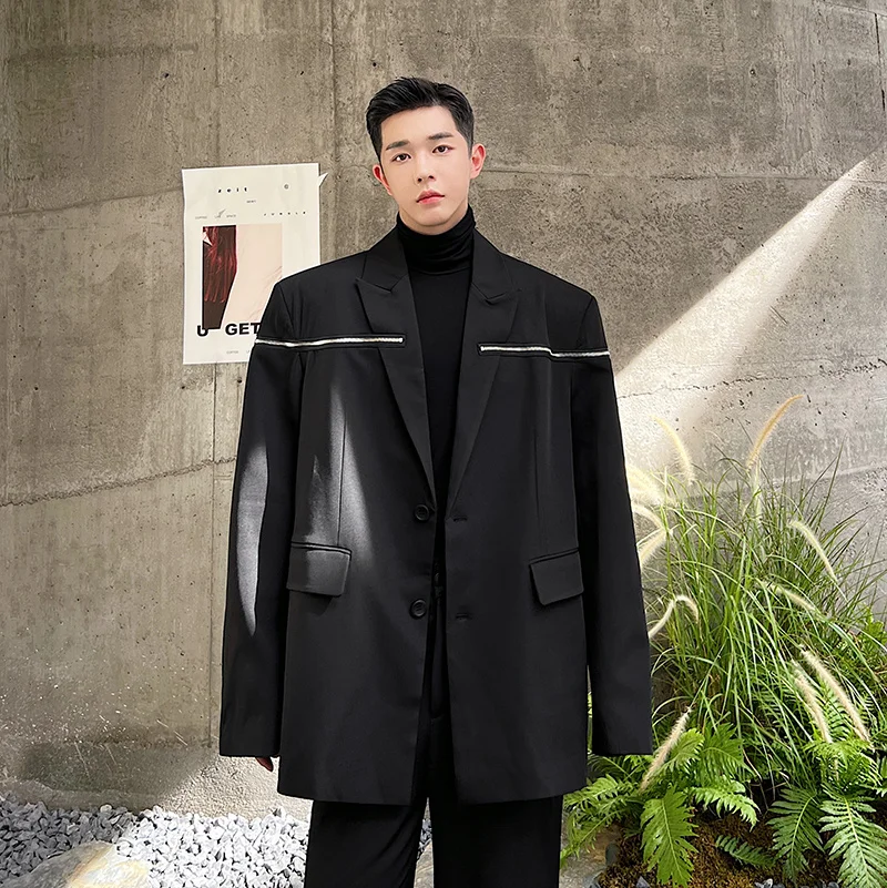 

Мужской костюм Dongda Gate: черная куртка с металлической молнией и накладками на плечах, в корейском стиле, повседневная мода, весна-осень-зима