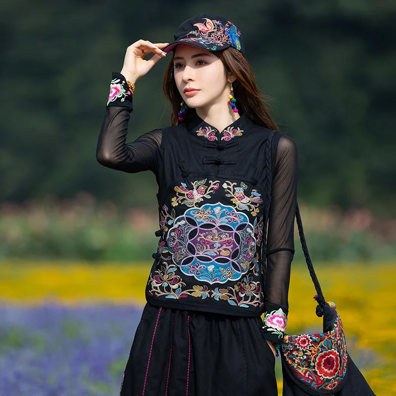 Oriental Ethnic Gilet Tops Black Cotton Short Stand Collar Sleeveless Waistcoat Embroidery Chinese Style Traditional Women Vest