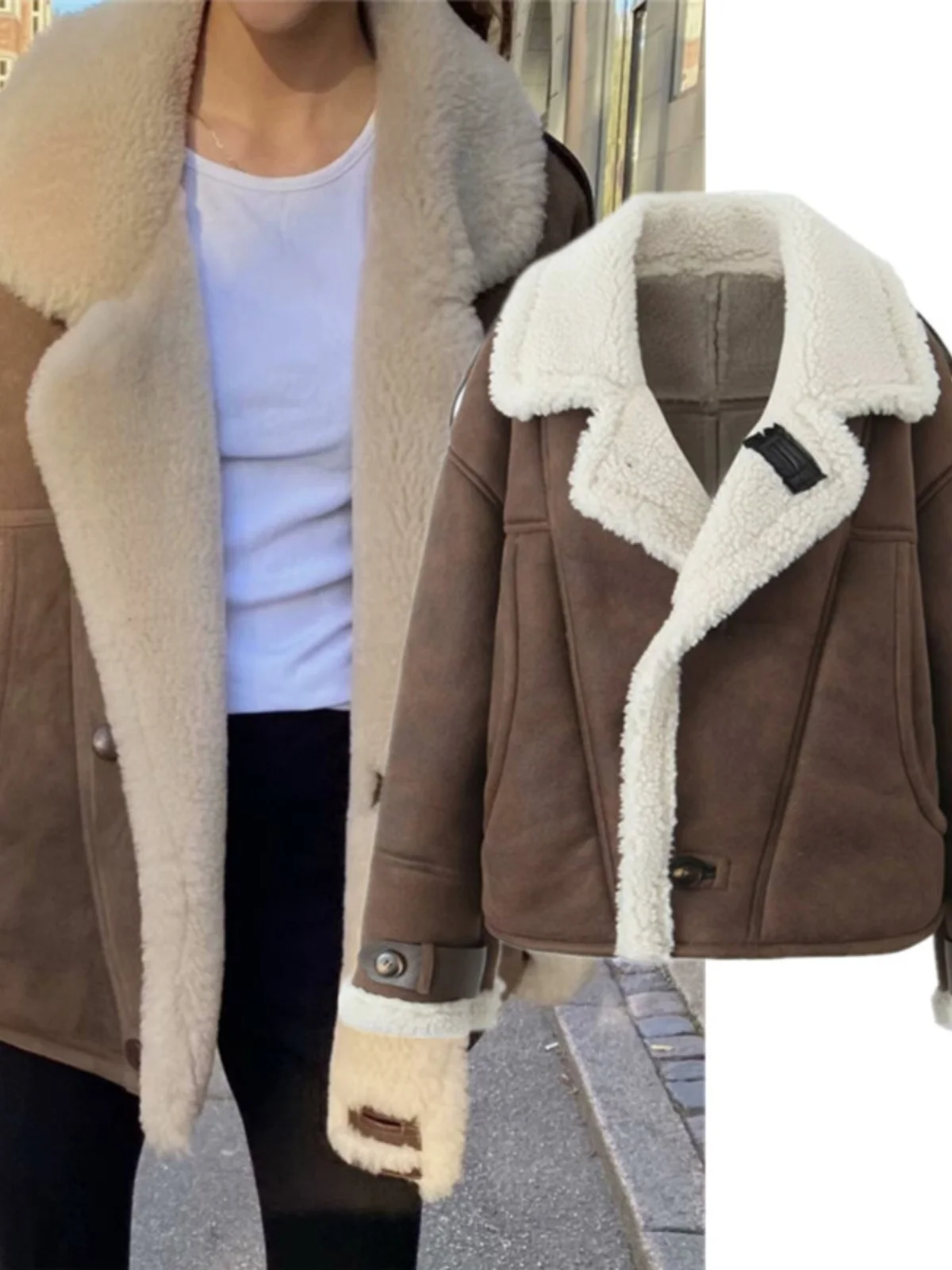 

American Retro Street Sle Suede Jaet Loose Lamb Fur Lined Thi Warm Collar Biker Coat Outerwear Women's Winter Faion