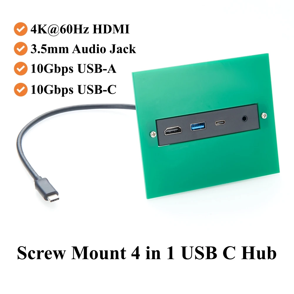 Screw Mount USB C Hub 4-in-1 Multiport Adapter 4K@60Hz HDMI 10Gbps USB-A & USB-C Data Port 3.5mm Audio Headphone & Microphone