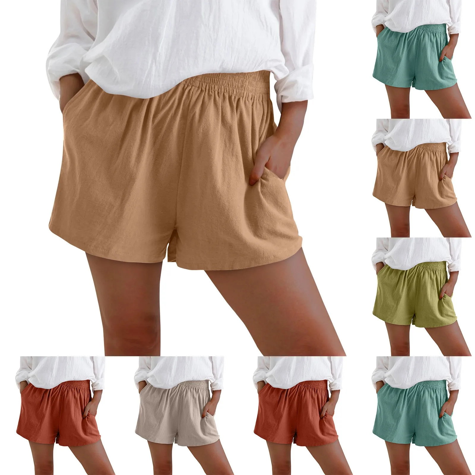 Stylish High Waisted Solid Color Casual Linen Pocket Straight Shorts Pantalones De Mujer Jeans Feminina Roupas Pantalones