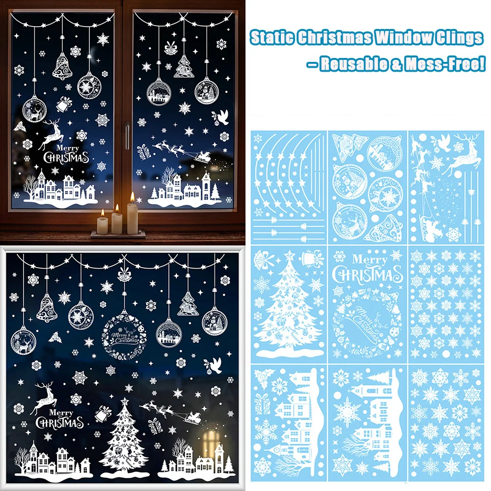 

9 sheets/set Christmas Window Clings – Electrostatic Double-Sided Stickers with Snowflakes, Trees, Reindeer & Castle Décor