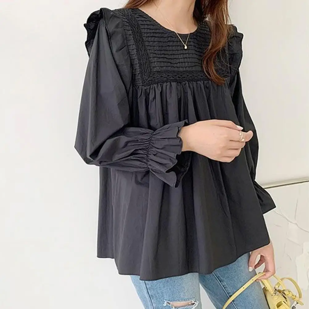 Top elegante con volantes para mujer, Blusa de manga farol, Jersey holgado, camisa de Color sólido, opción de uso elegante