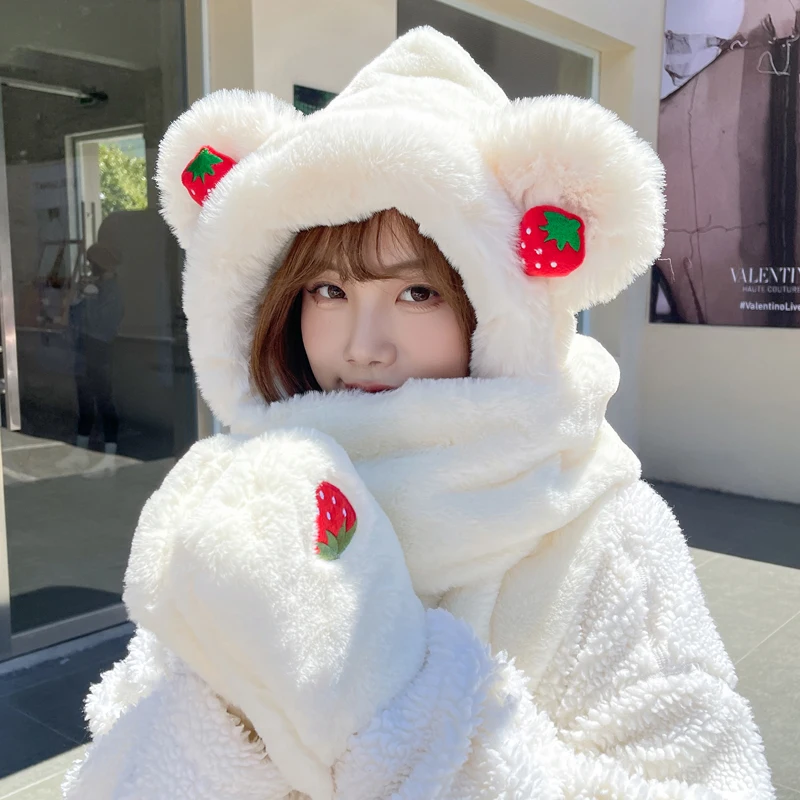 

Korea Cute Women Strawberry Bear Winter Thickening Fleece Hat Scarf Gloves 3-Piece Set Ear Protection Fashion Lei Feng Hat