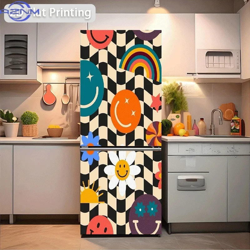Refrigerator Sticker 60x180cm 1. Multicolored Joyful Face with Rainbow Pattern 2. Blue Flower with Orange Face Pattern 3. Joyf