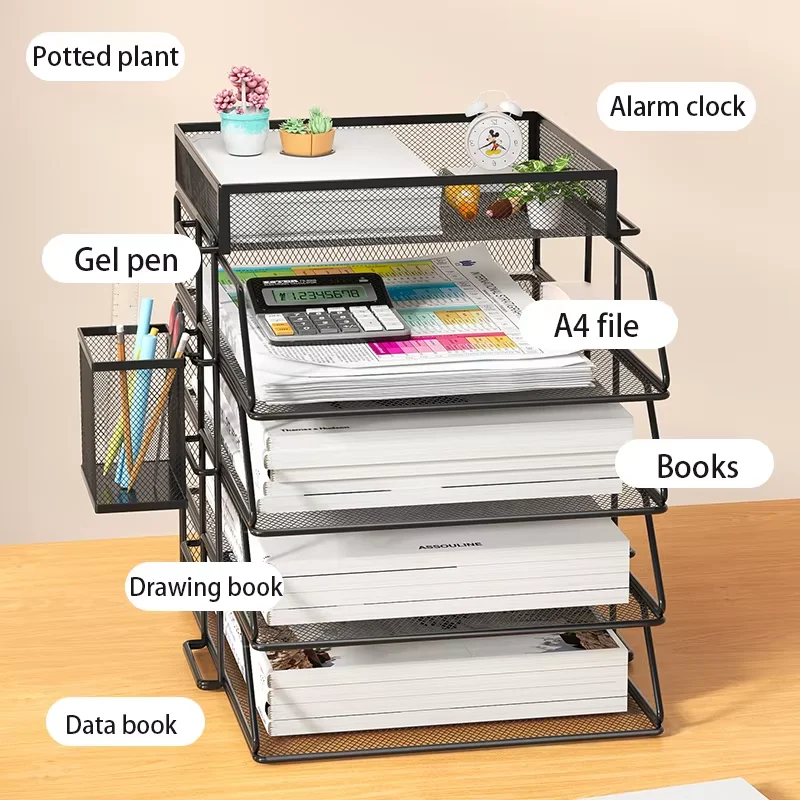 Mesh Desk File Sorter, Large Capacity A4 Paper Holder with Shelf, Combinable Storage Rack for Office Worker Student Home Study