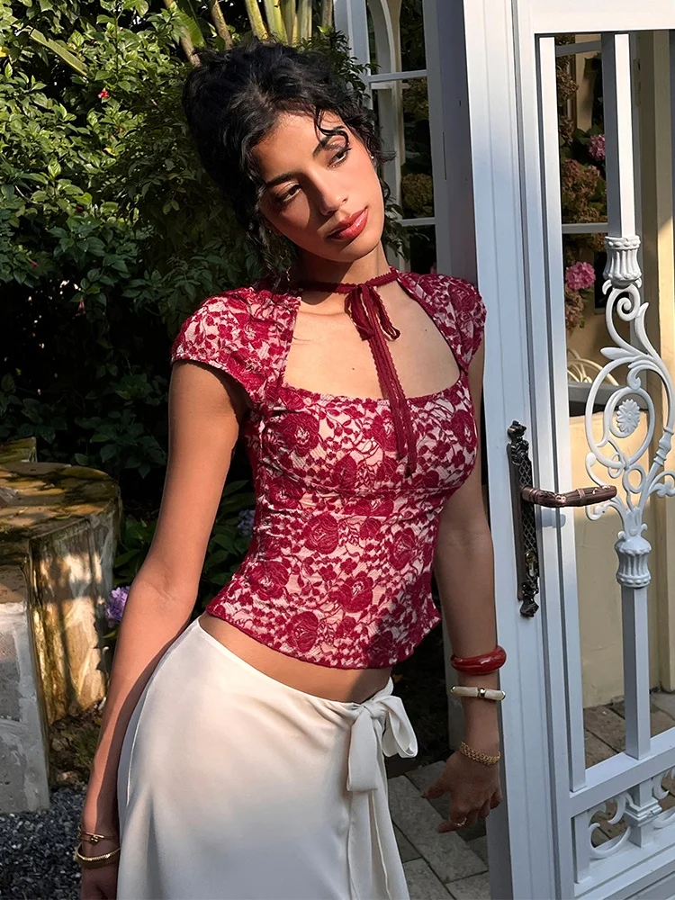 

ITSNIKAR Floral Print Velvet round Ne ort Sve T-irt Women's Slim Fit Sexy Lace Tie ort Top French Sle Spring 2026