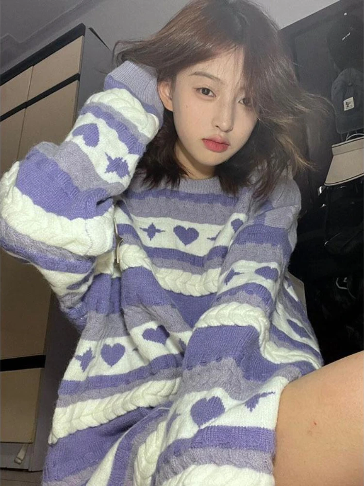 Striped Panelled Pullovers Women Purple Sweet Cute Sweaters Harajuku Korean Fashion Elegant Knitted Autumn Clothing College Chic