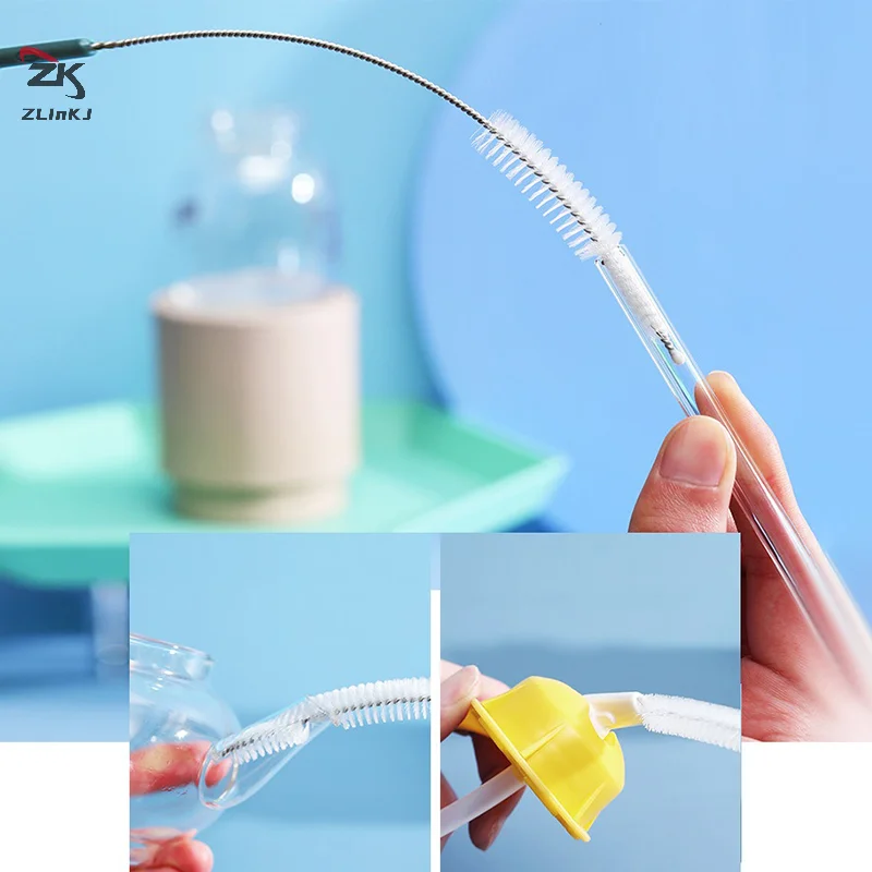 Long Handle Reusable Glass Tube Cleaning Brushes Bending Stainless Straw Brush Cleaner Soft Hair Suction Baby Kids Bottle Brush