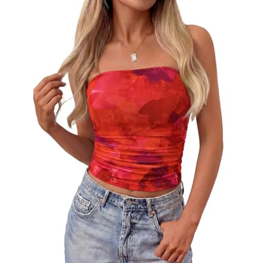 

MASCOMODA Women Floral Tube Top Summer 2026 Cute Strapless Crop Mesh Going Out Tops Y2K Ruched Bandeau Beach Vacation Clothes