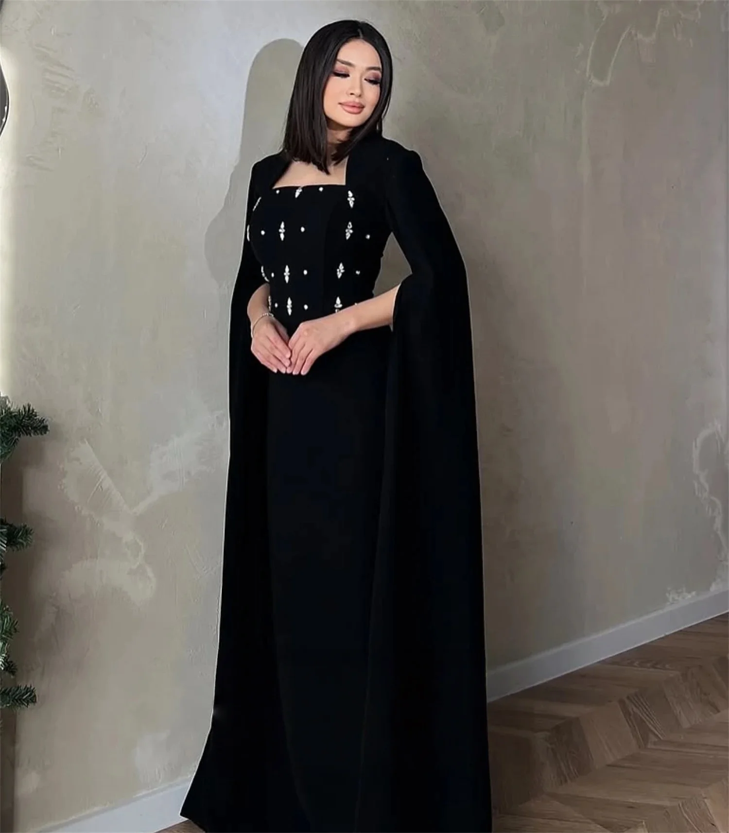 

Black Beaded Formal Long Bespoke Occasion Gown Evening Dresses Pastrol Unisex Jersey Retro Dubai Saudi Arabic Prom Customized