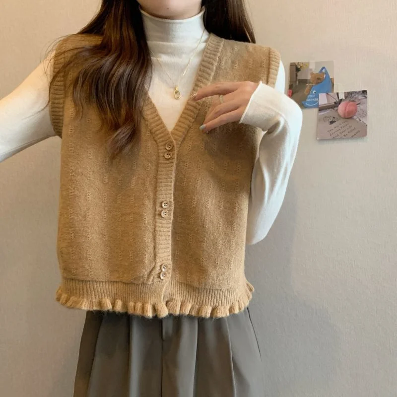 Spring Autumn New Womens Sweater Vest Knitted Cardigan Ruffled Short Fashion Versatile Outerwear Sleeveless Top