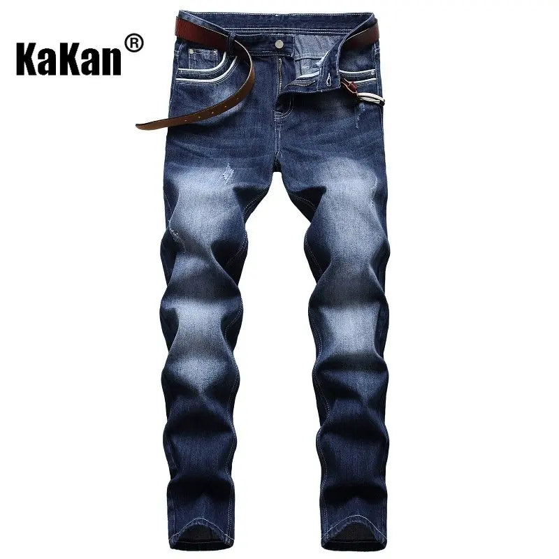 

Kakan - Straight Tube Washed White Men's Jeans, New Summer Blue Jeans Men's Pocket Decoration K02-56