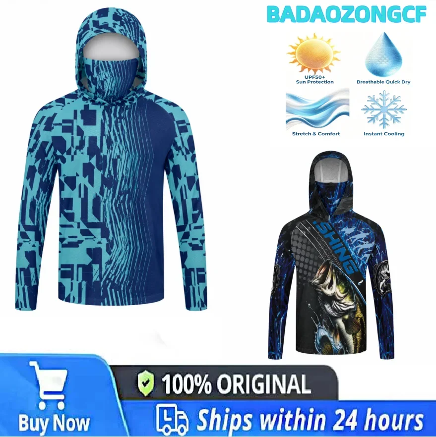 Men 3D Printed Fishing Hoodie Long Sleeve UPF 50+ Sun Protection Quick Dry Breathable Gaiter Mask Camo Outdoor Cooling Tops