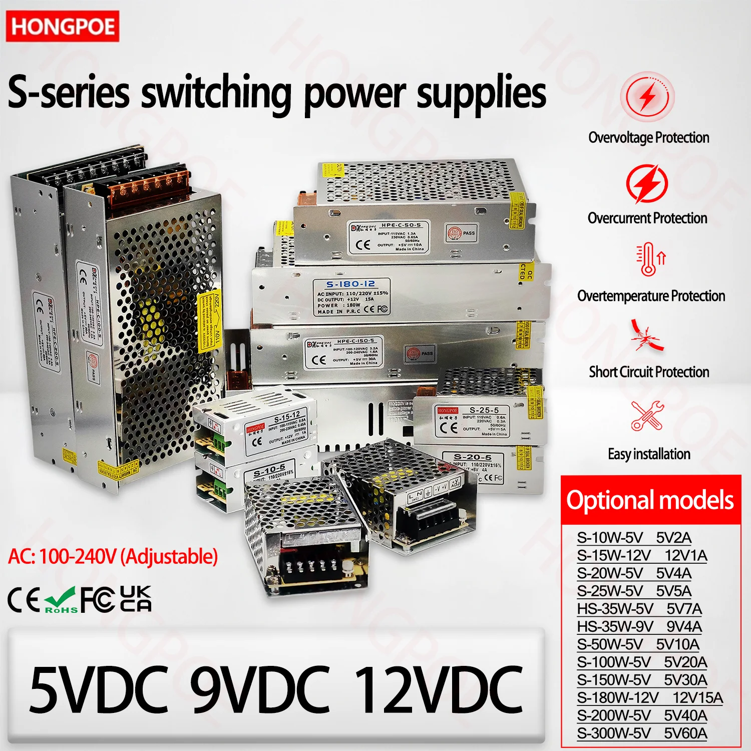 10W-300W Switching Power Supply 5V 9V 12VDC 100-240V AC to DC Adjustable Transformer for LED Multi-Voltage Power Supply and CCTV