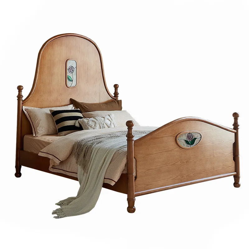 

Solid Wood Double Bed, So My Flower Window Bed High Backrest Characteristic Retro Quiet Wind Bedroom