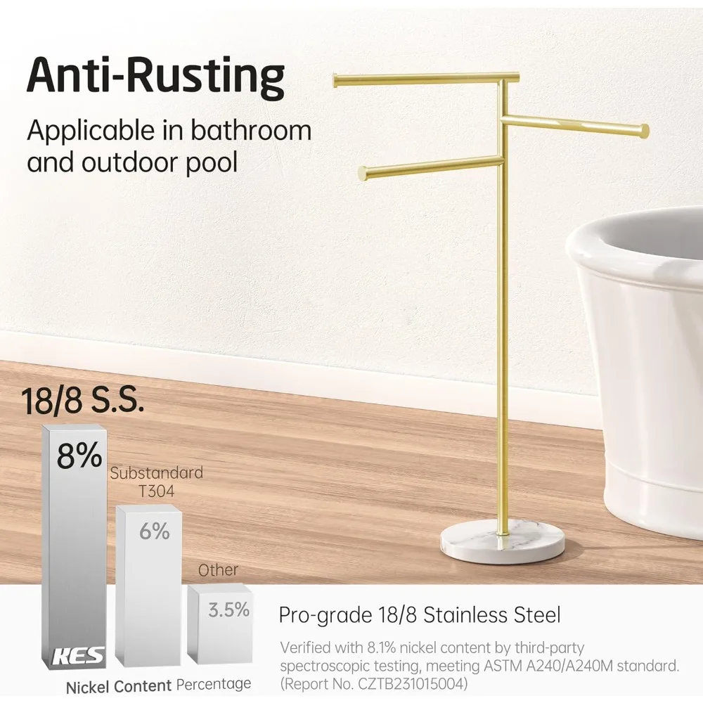 Toalheiro de banho autônomo em ouro escovado de 40 polegadas com base de mármore natural e 3 braços giratórios