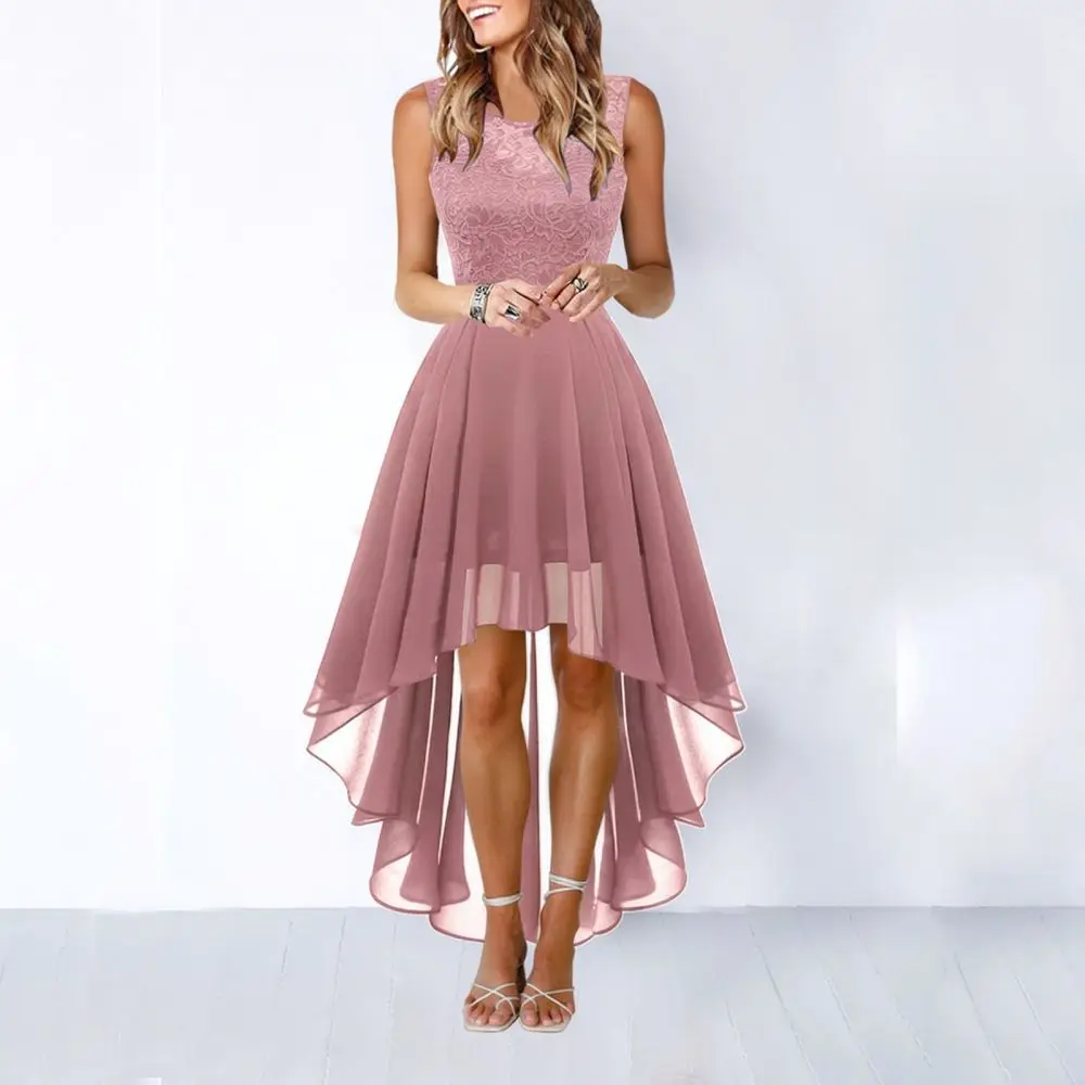 Ladies Vintage Lace Patchwork Chiffon Dress Slim Fit High Waist Sleeveless Elegant Cocktail Evening Party Beach Sundress