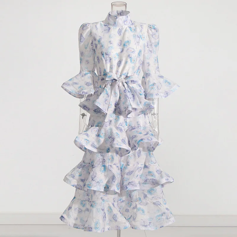 2025 manga alargamento magro longo bolo camada impressão festa maxi vestido gola passarela para mulheres verão outono