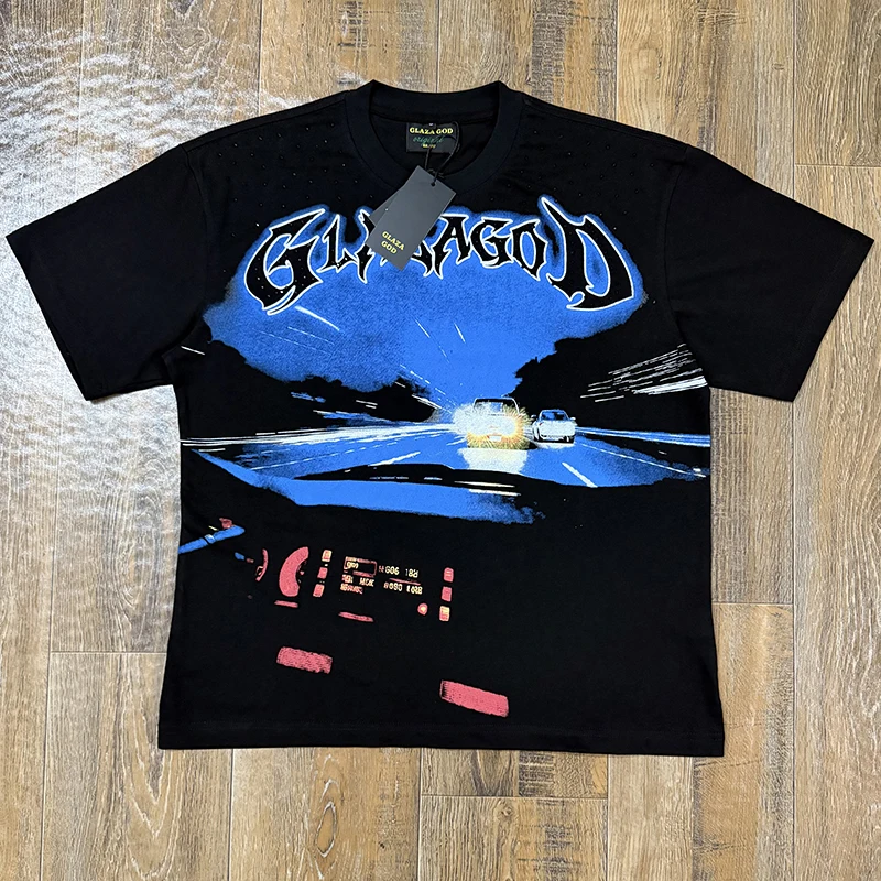 Glaza God Short Sleeve T-Shirt Night Highway Traffic Print Rhinestone Trendy Summer Men Women