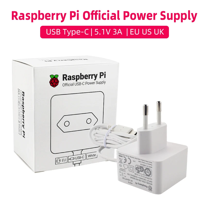 Original Raspberry Pi 4 Official USB-C Power Supply 5.1V 3A White Power Charger Power Adapter for Raspberry Pi 4 Model B