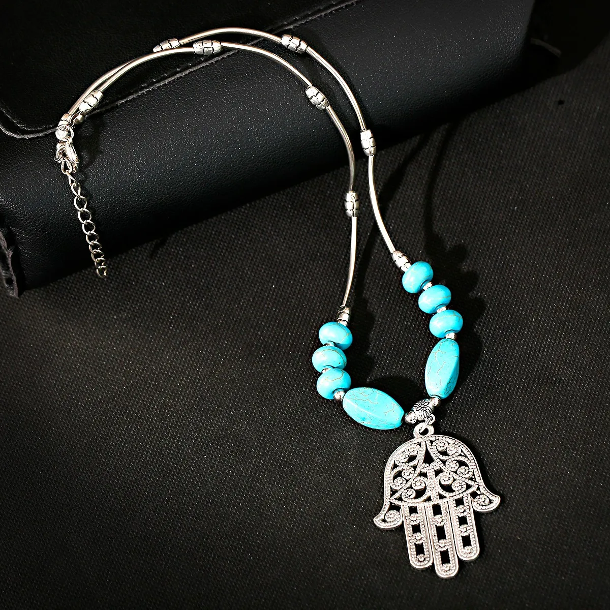 New Ethnic Hamsa Hand Alloy Pendants Necklace Women's Vintage Turquoises Statement Jewelry Gifts