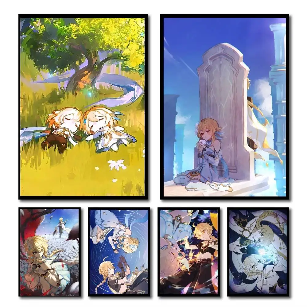 Anime Genshin Impact Aether X Lumine Posters HD Print Vintage Wall Art Decor for Home Study Room