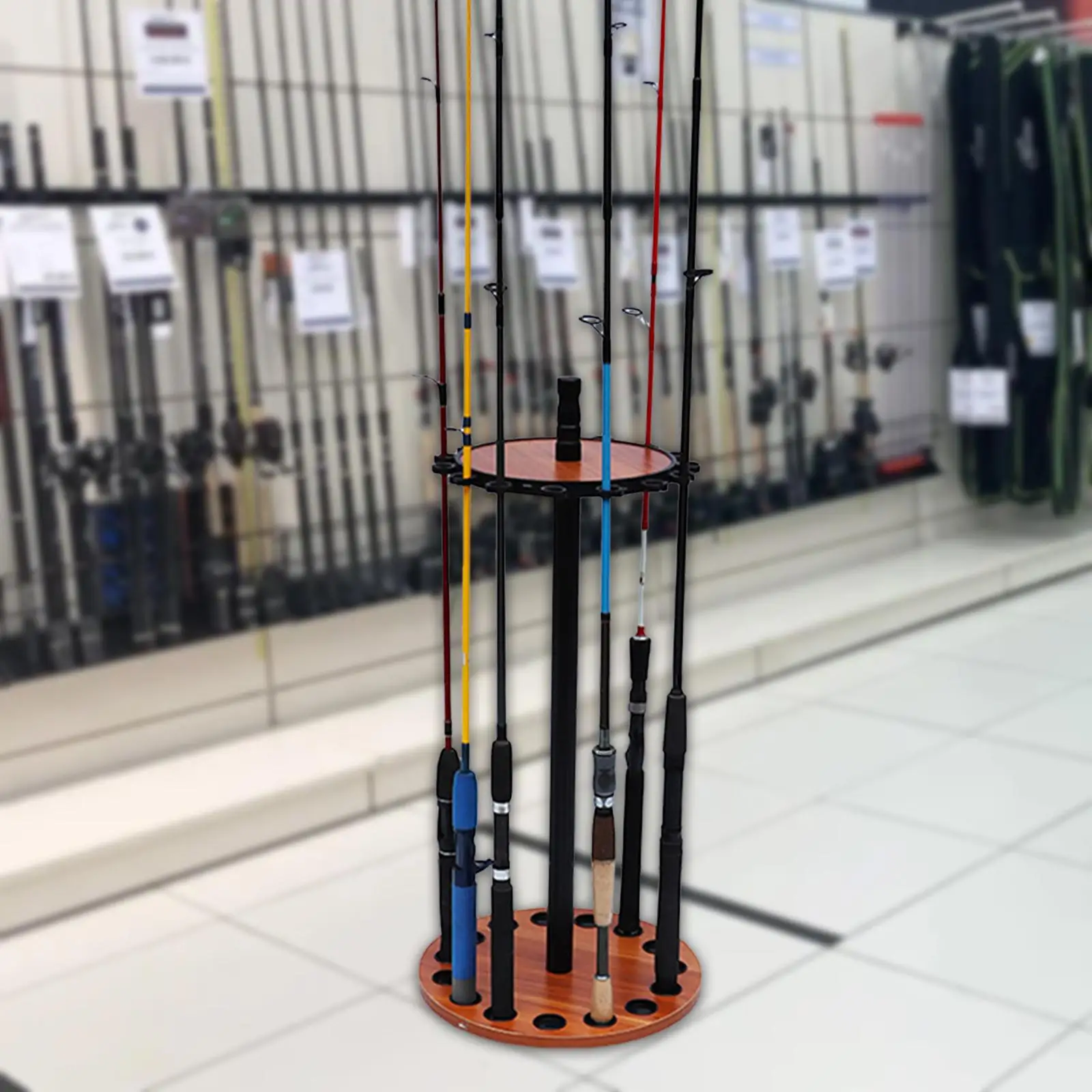 Fishing Rod Holders Fishing Rod Display Rack Pole Holders Portable Holds Up to 15 Round Bracket Rods Oak Color