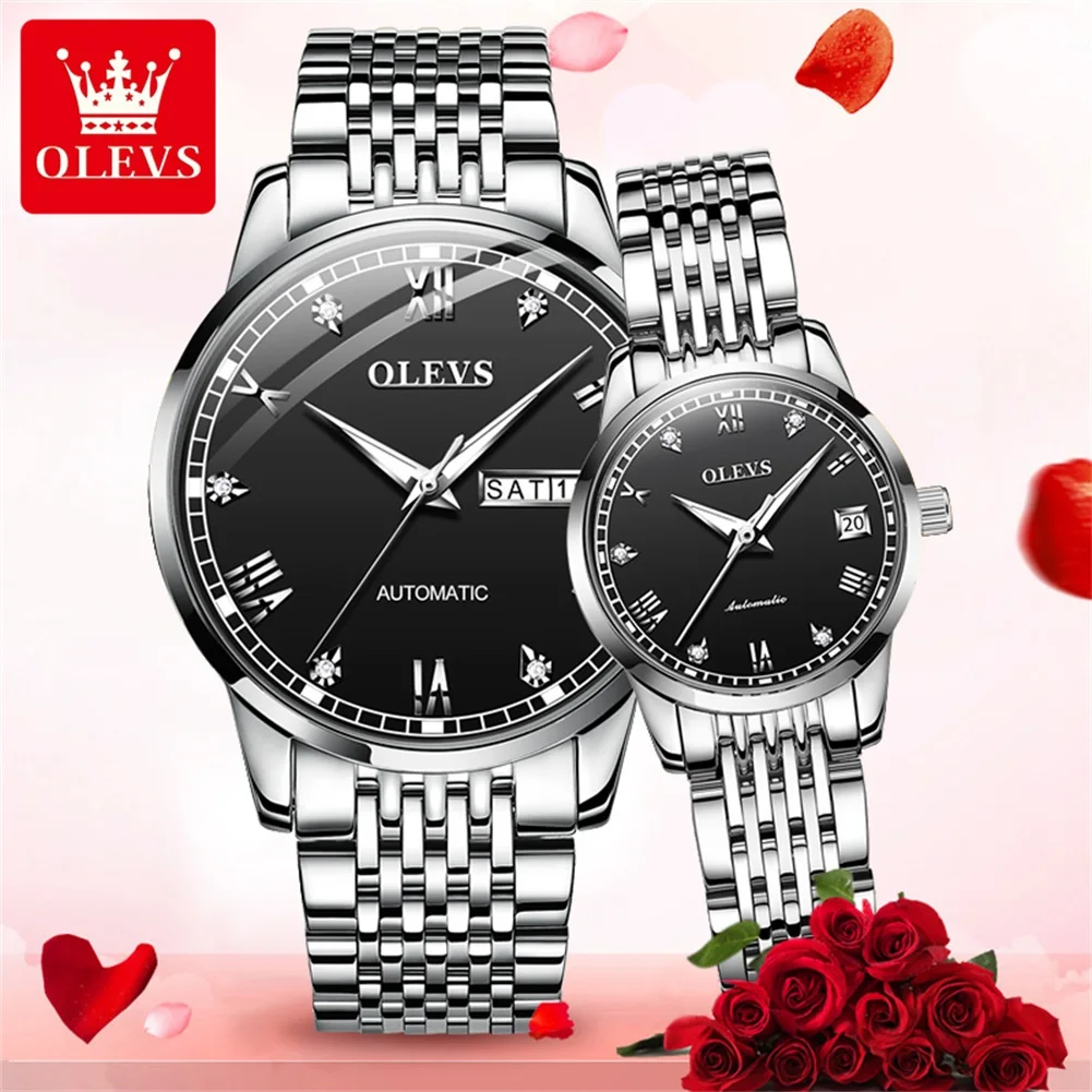 ساعات الزوجين OLEVS للرجال والنساء بسيطة فاخرة أصلية أوتوماتيكية ساعة يد ميكانيكية تاريخ تلقائي مقاومة للماء هدايا العشاق 6602 #1