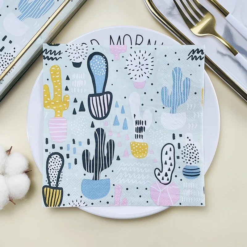 

20pcs/Pac Food Grade Printed Napkins Party Placemats Creative Cactus Pattern Coloured Paper Napkin Squares Decopage Materiales