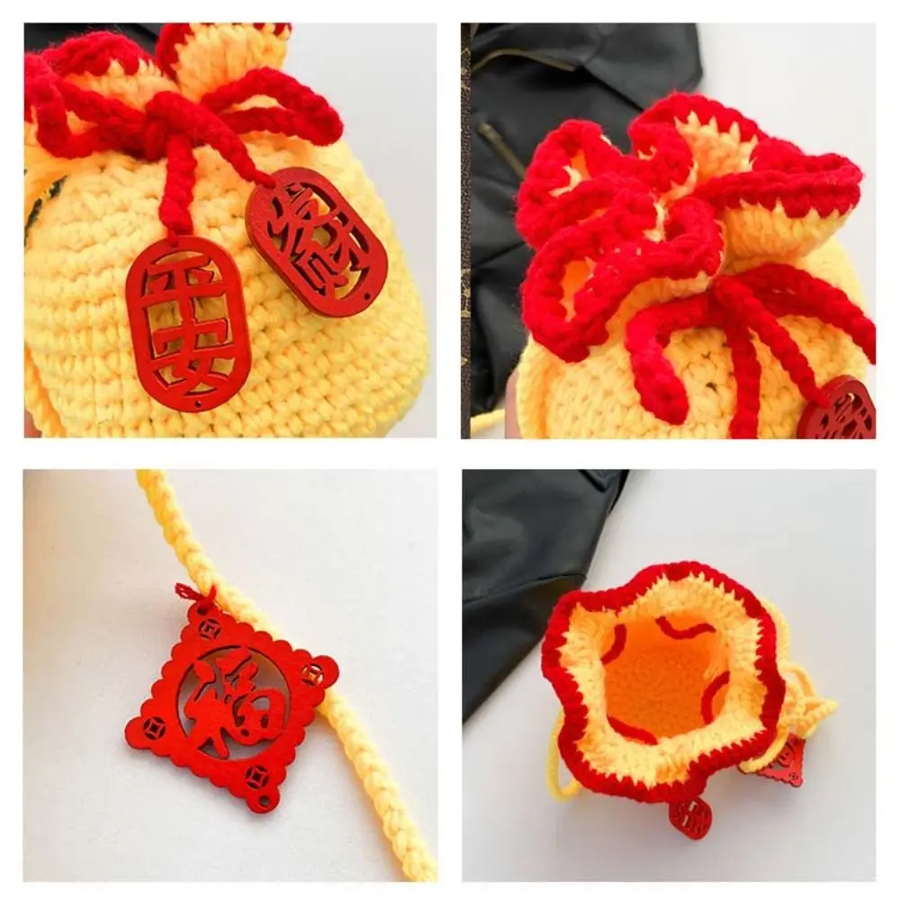 Sac à bandoulière porte-bonheur de style chinois pour enfants, sac à main en laine au crochet, sac à main de rangement, pendentif tricoté, initié au nouvel an, mignon