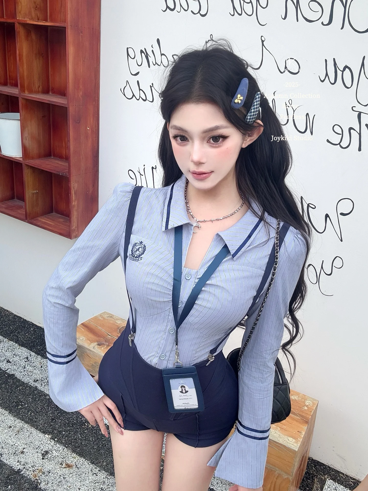 

Женская приталенная рубашка с длинным рукавом и воротником-стойкой, в полоску, Joykiki Gele Me owzi Ciwalk