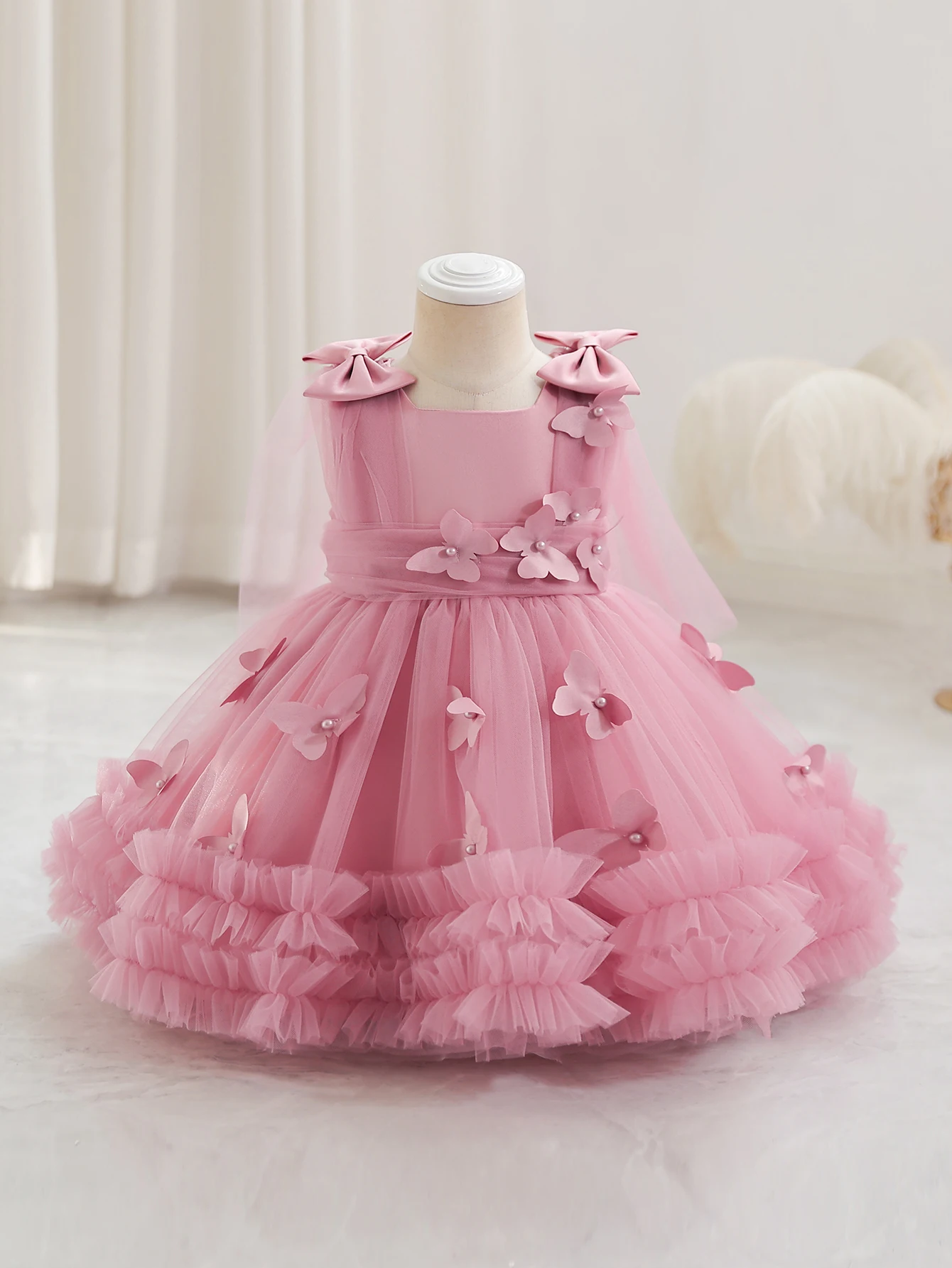 Wedding Dress, Voluminous Chiffon Skirt with 3D Butterfly Design, Stylish Party Dress, Holiday Gown, Baptism Dress