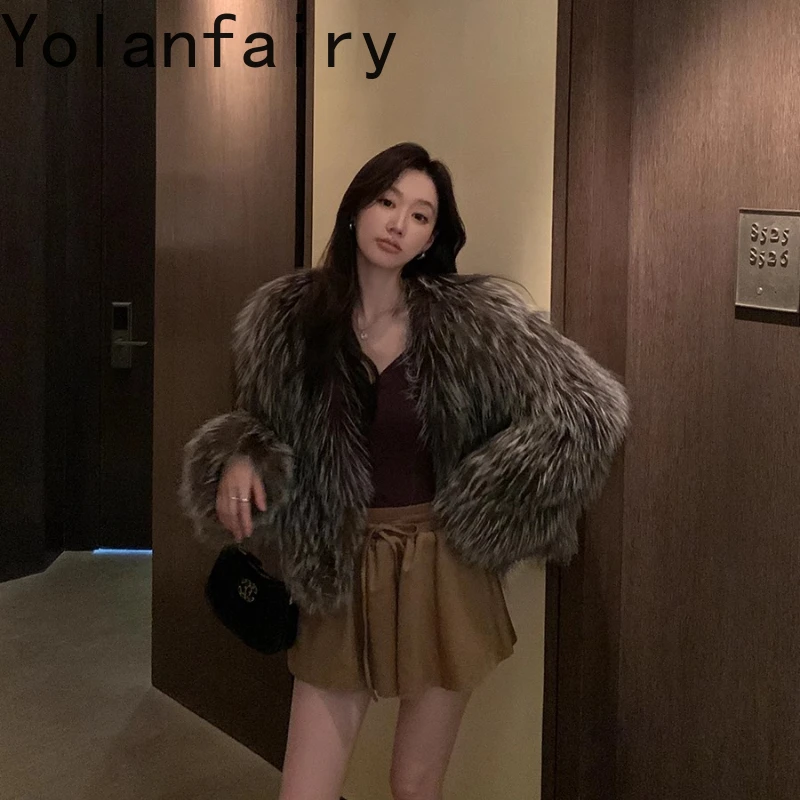 

YOLANFAIRY real whole silver fox fur coats women winter warm fashion elegance commuting lady natural sliver fox fur jacket 2025