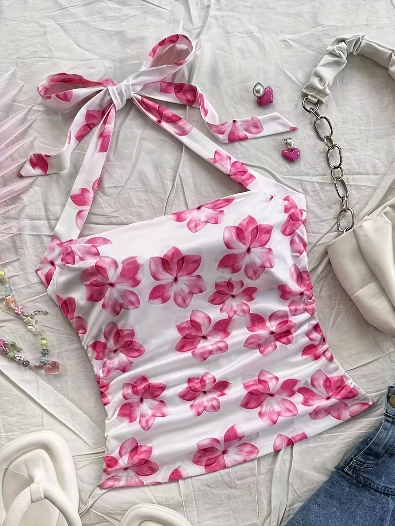 Women's Summer Short Top, Pink Floral Camisole Vest, Suitable for Vacation Style Girls