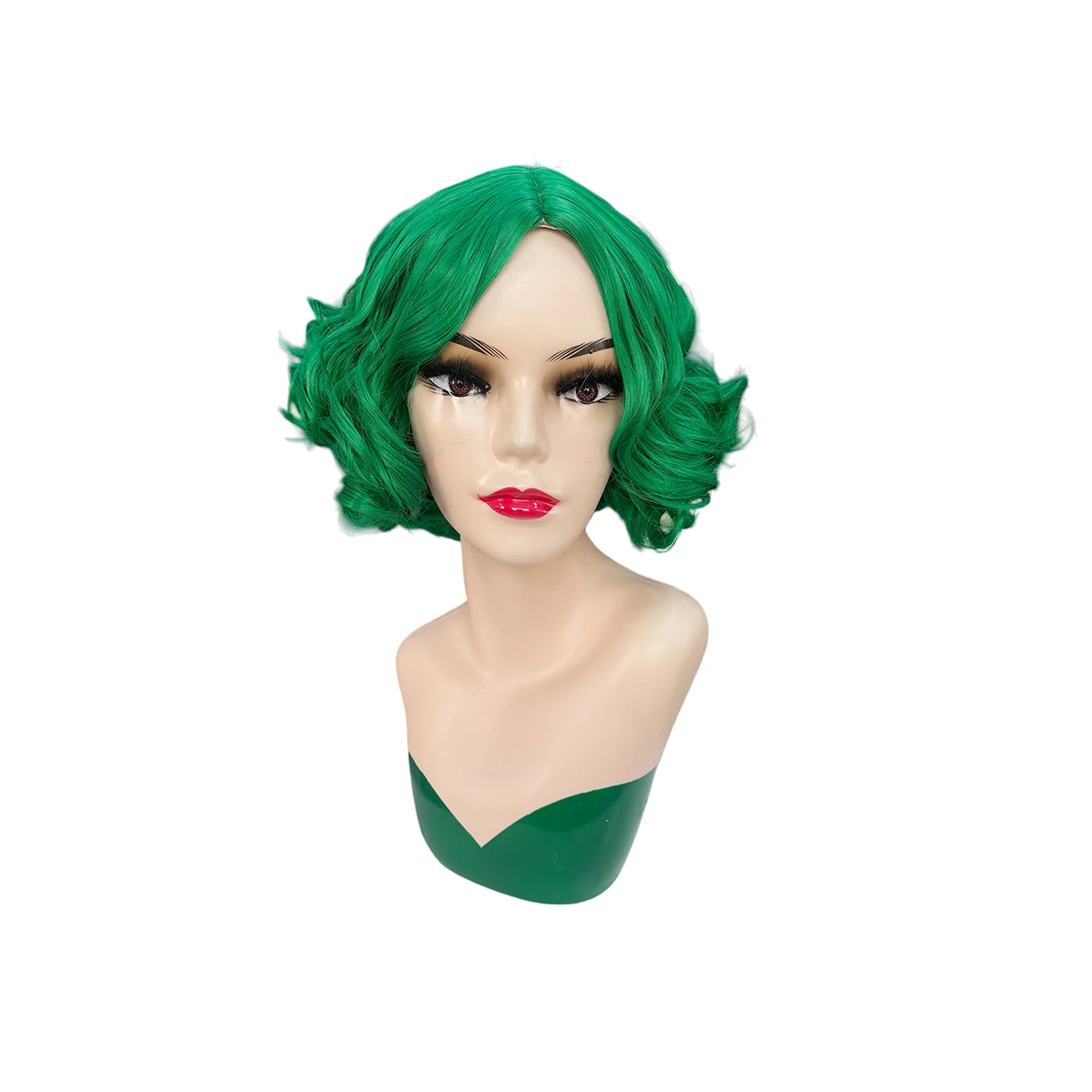 Bright Emerald Green Short Wavy Curly Wig Fluffy Layered Glossy Soft Synthetic Daily Cosplay Fashion