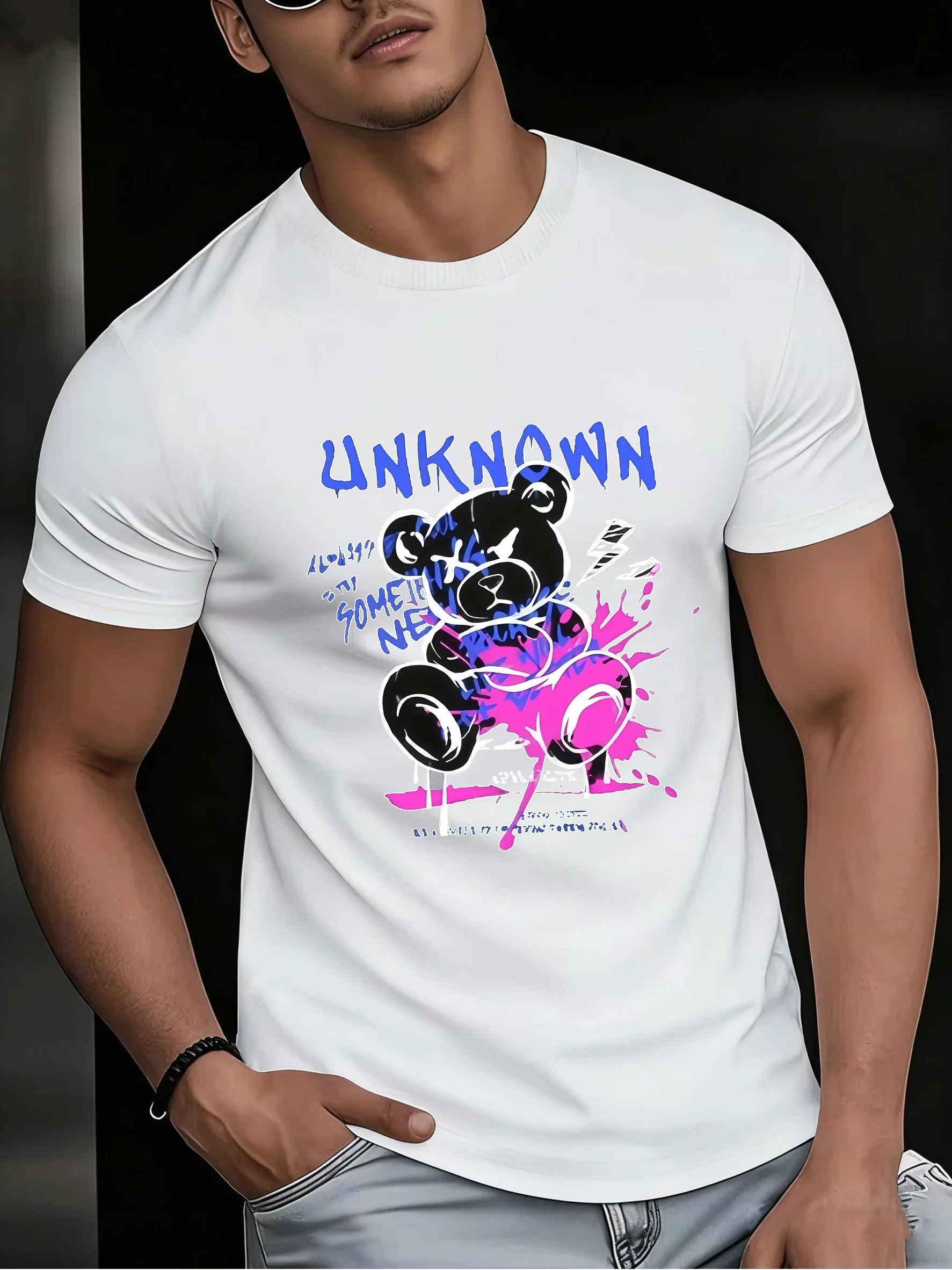 Trendy Men's Unknown Graffiti Evil Teddy Bear Graphic T Shirt Streetwear Hip Hop Tee Tops Casual Crew Neck Short Sleeve T-shirt