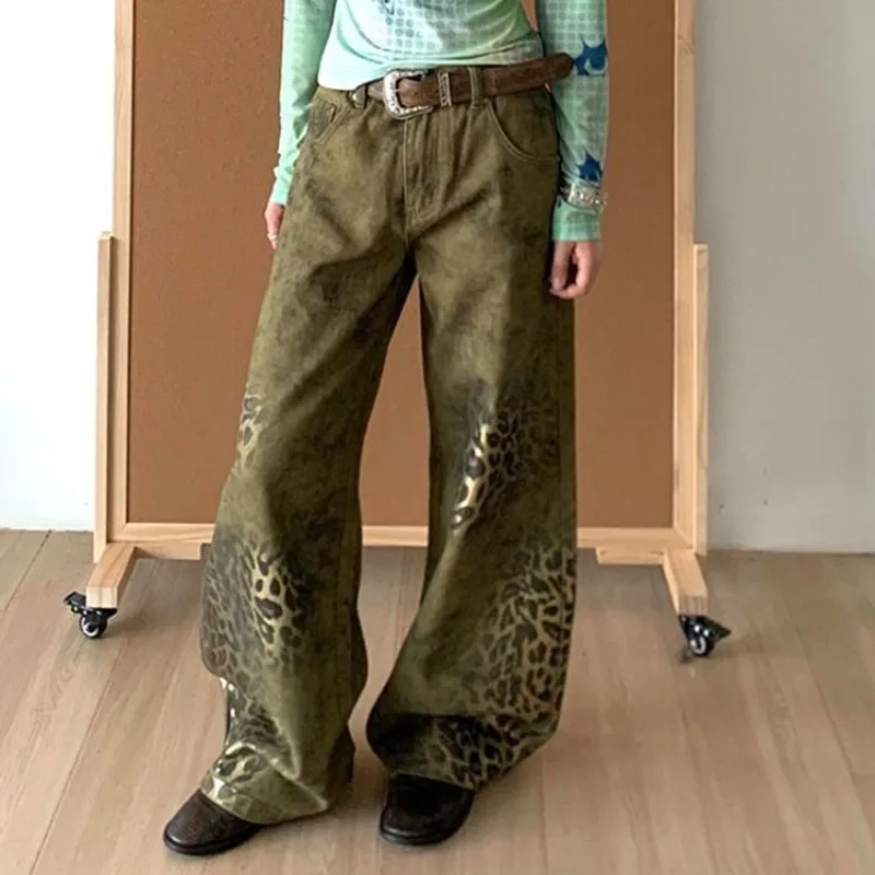أزياء المرأة ليوبارد الجرافيك الهيب البوب الجينز فضفاض مستقيم الساق حزب الدنيم السراويل النمط الأمريكي الجديد الشارع الشهير سراويل جينز