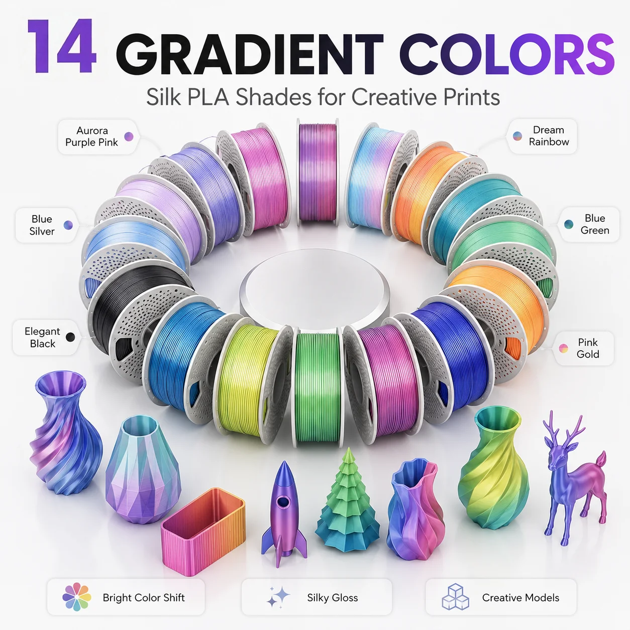 Silk PLA 3D Printer Filament 1.75mm, 14-Pack Assorted Rainbow, Dual & Multi-Color Co-Extrusion Shiny Finish, 1kg per Spool (Total 14kg), Dimensional Accuracy +/- 0.03mm, Fits Most FDM Printers