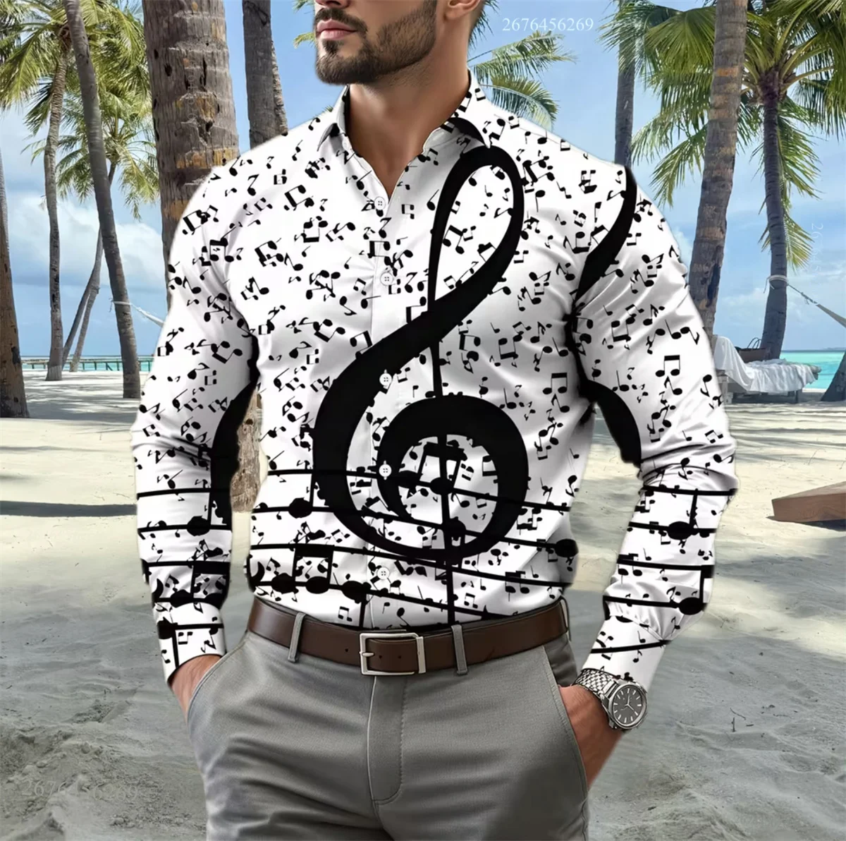 

Мужская рубашка с музыкальными символами, простая, стильная, повседневная, с лацканами, с длинными рукавами, универсальная, в обычном стиле, официальная рубашка, быстрая доставка